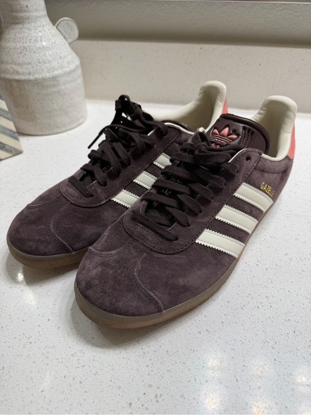 adidas Gazelle - Dark Brownish Plum, White Stripes, Pink Heel & Logo - Picture 5 of 8